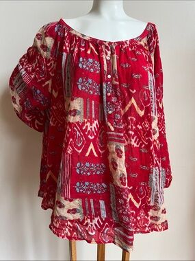 Red Patterned Boho Tunic Top - Unbranded